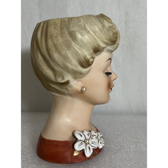 Vintage Lady Head Vase, Enesco E-2188, Blonde, Burnt Orange Top - Picture 5 of 8